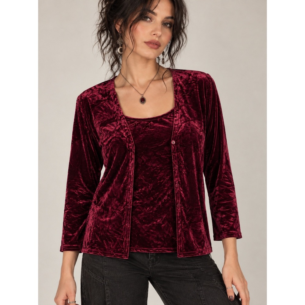 90s Kathie Lee Burgundy Crushed Velvet Cardigan Top XS Whimsigoth Grunge